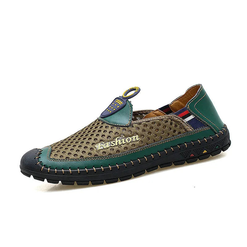 Men's brown casual shoes with mesh upper and rubber soles