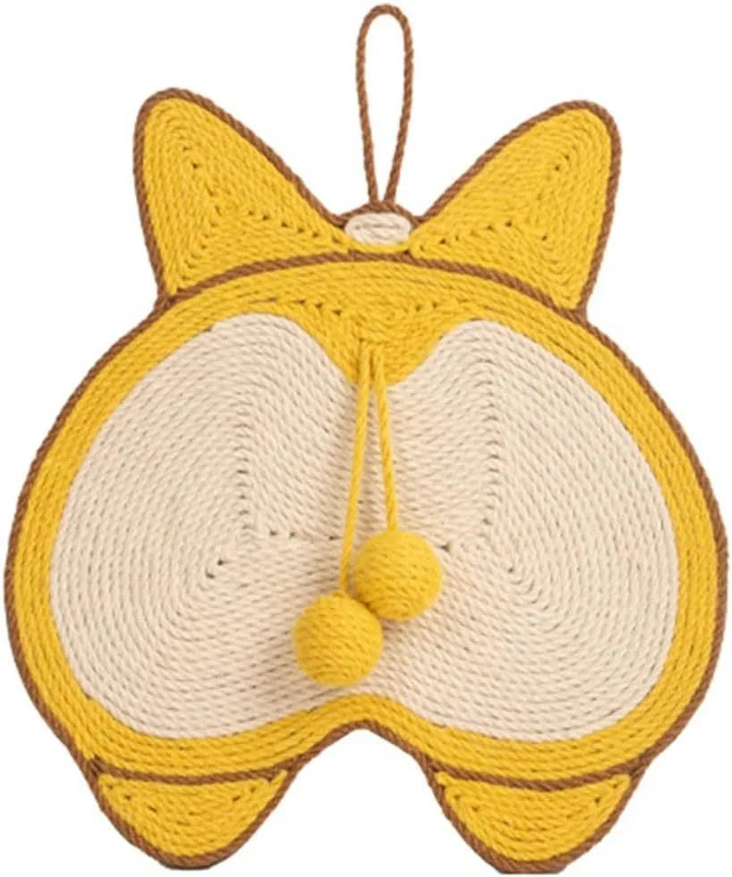 Yellow Corgi-shaped sisal cat scratching pad with anti-slip base and adhesive hooks.