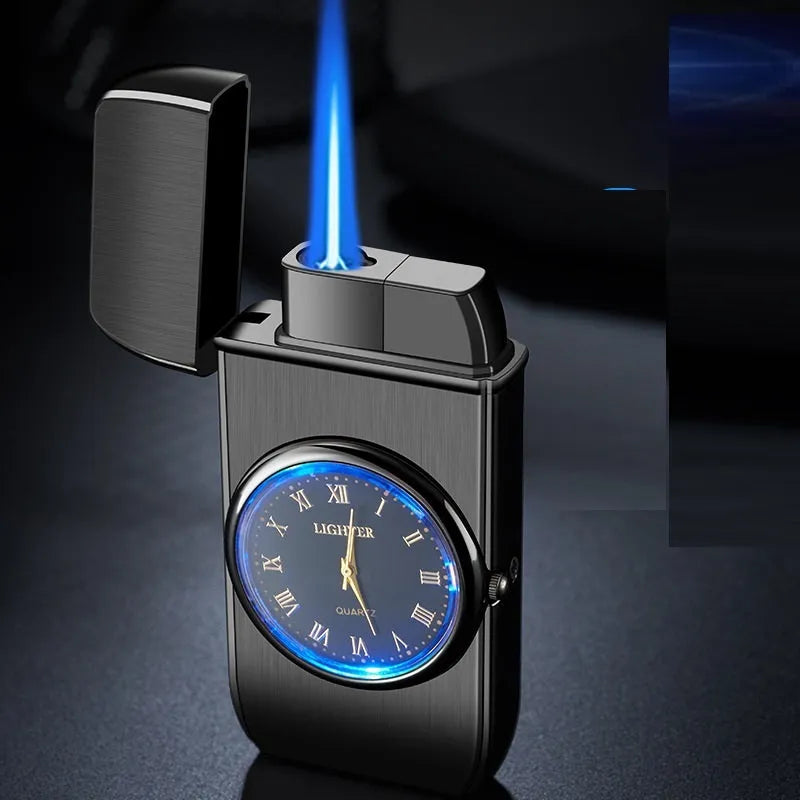 Metal electronic watch lighter with wind-resistant flame, LED light, and multiple finish options