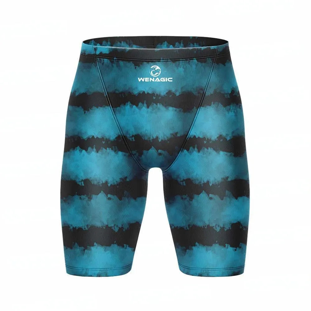 Men's solid colour Lycra blend briefs-style swimming trunks laid flat, showing size range from XS to 5XL.