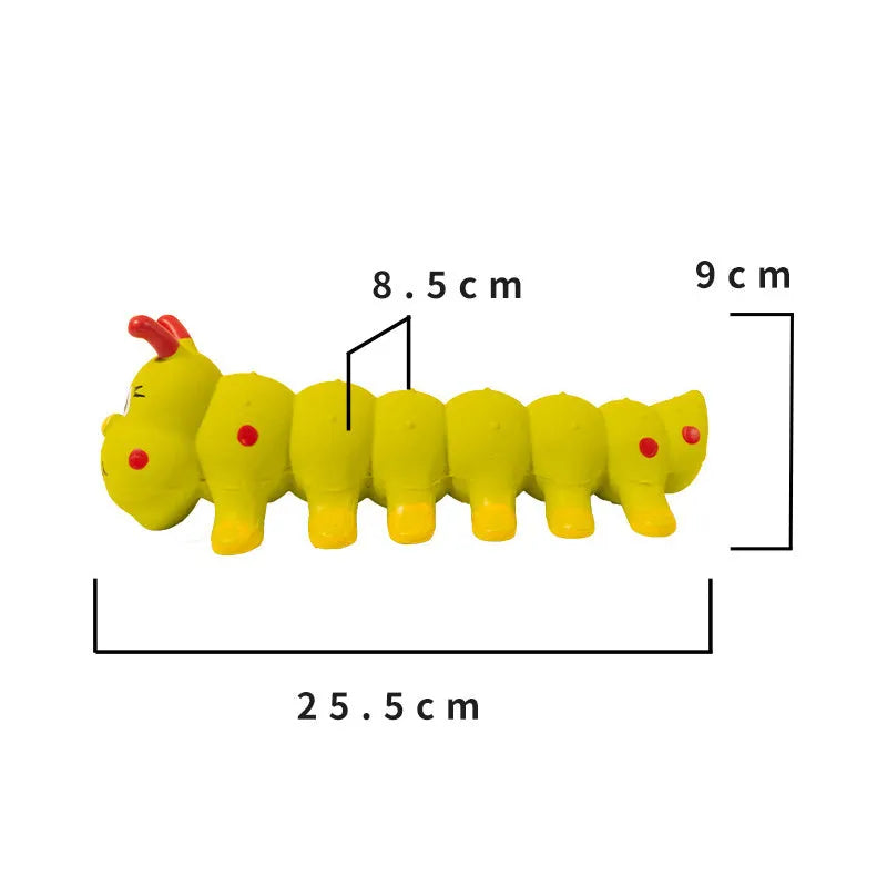 Yellow rubber caterpillar dog chew toy with squeaker for small medium breeds