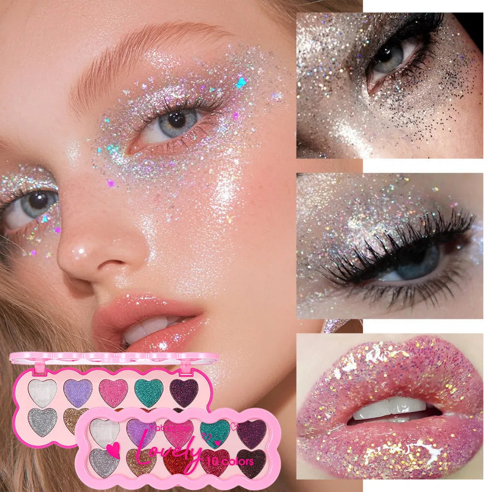 Heart-shaped makeup palette open to show ten pearlescent eyeshadow pans in various colours.