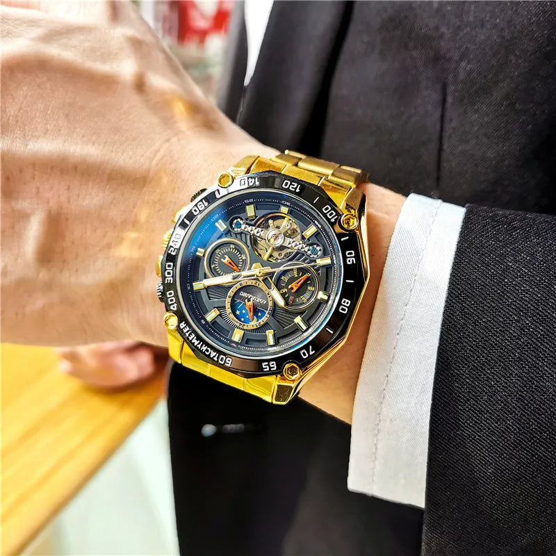 Men's automatic mechanical watch showing 12mm thickness and various colour options including silver case and black dial