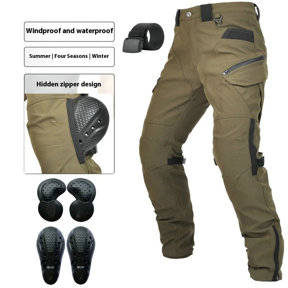 Men's black waterproof motorcycle pants with belt and protective gear set on a neutral background.