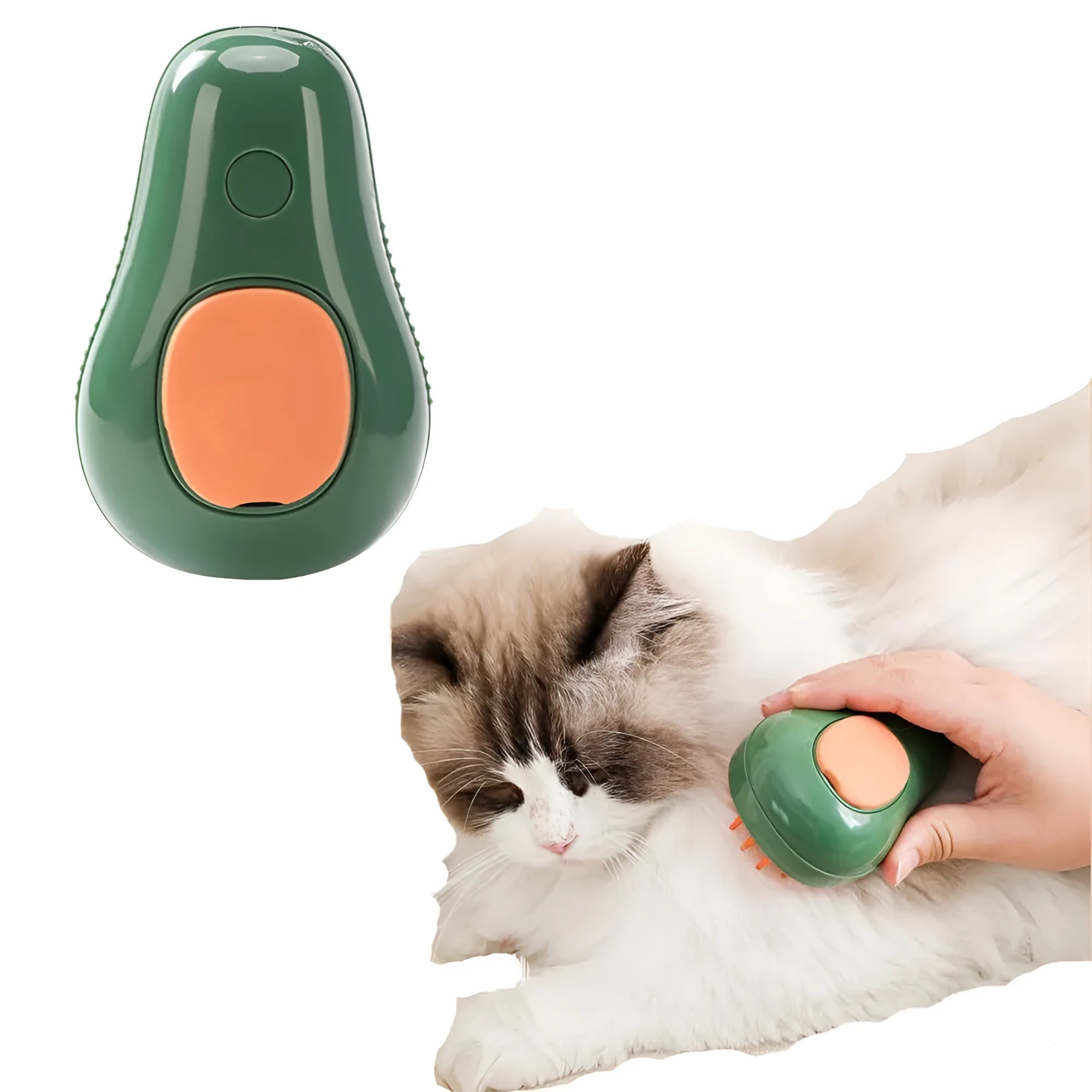 Green and white rechargeable cat steam brush with soft silicone teeth on a wooden table