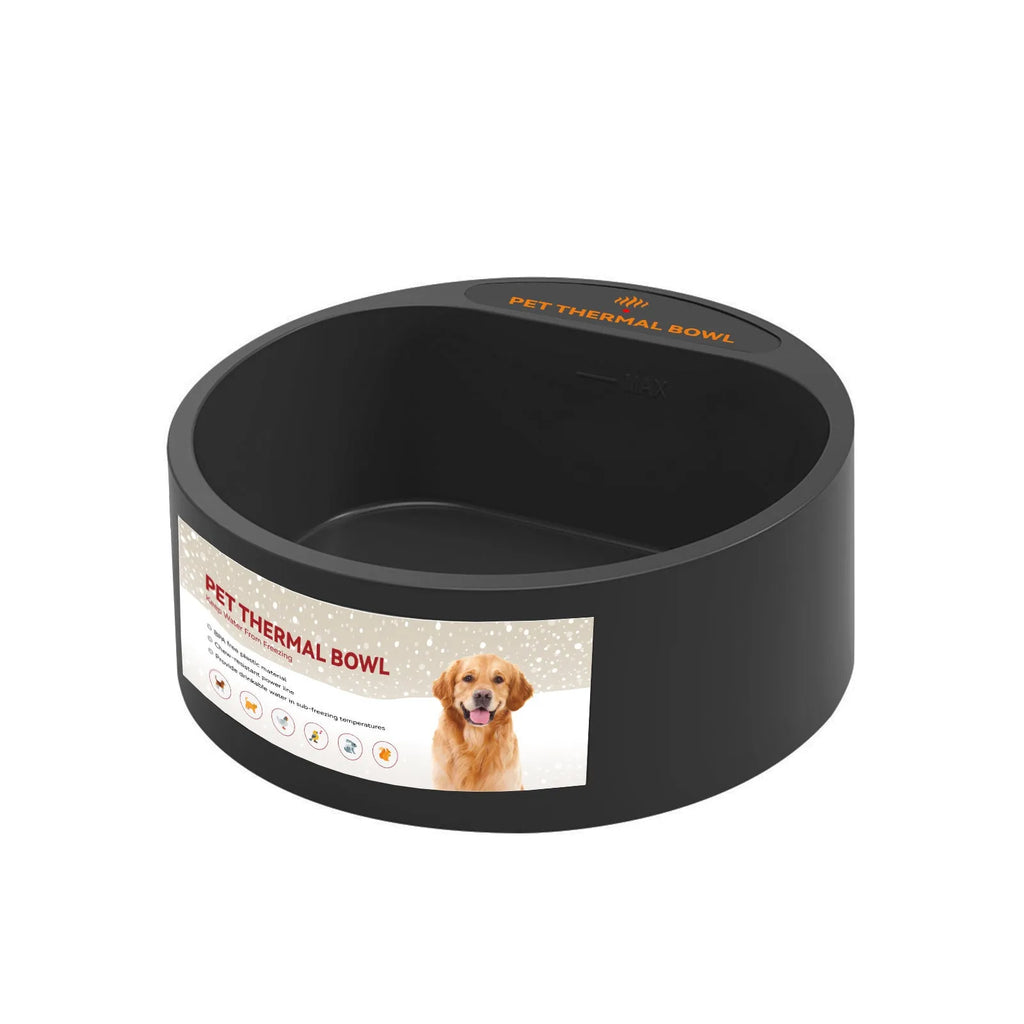 Black ABS plastic electric pet heating bowl with 2.2L capacity for cats and dogs.