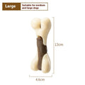 Durable bone-shaped dog chewing toy made from textured cowhide and nylon in two sizes.
