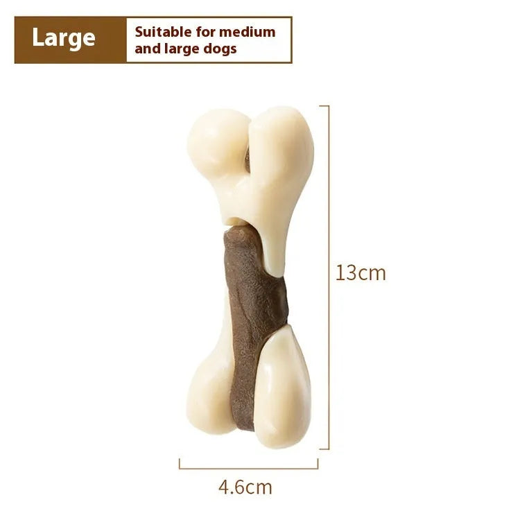 Durable bone-shaped dog chewing toy made from textured cowhide and nylon in two sizes.