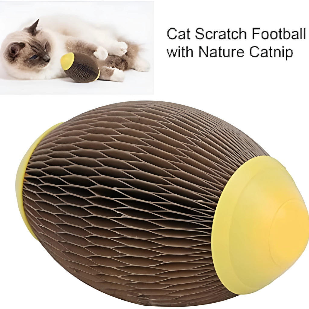 Ellipse-shaped catnip scratch ball toy made from recycled corrugated paper for feline exercise and play
