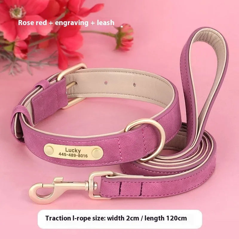 Double-layer leather dog collar and matching lead in rose red, brown, or blue colours