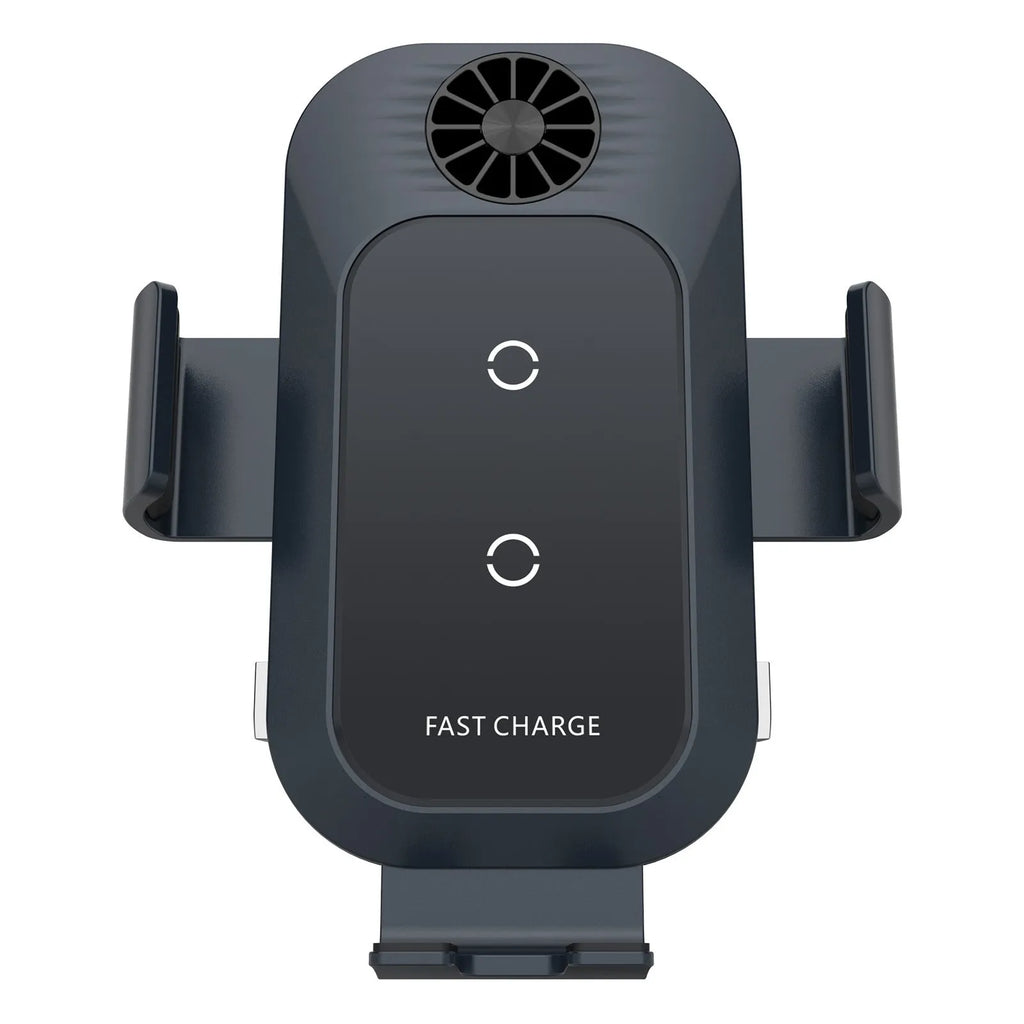 C35 grey car wireless charger phone holder mounted on air vent with automatic clamping arms and Type-C cable.