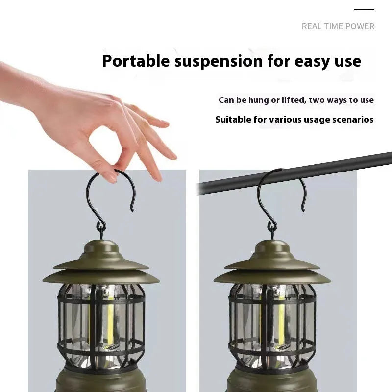 Portable camping lantern in dark green, black, or red with battery power options