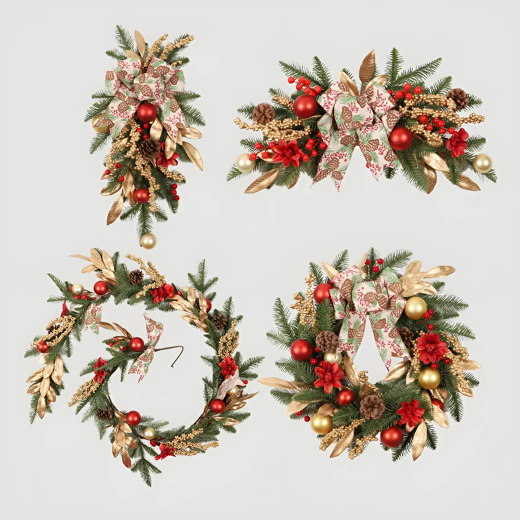 Christmas garland collection showing four plastic decorative designs with optional battery-powered lighting