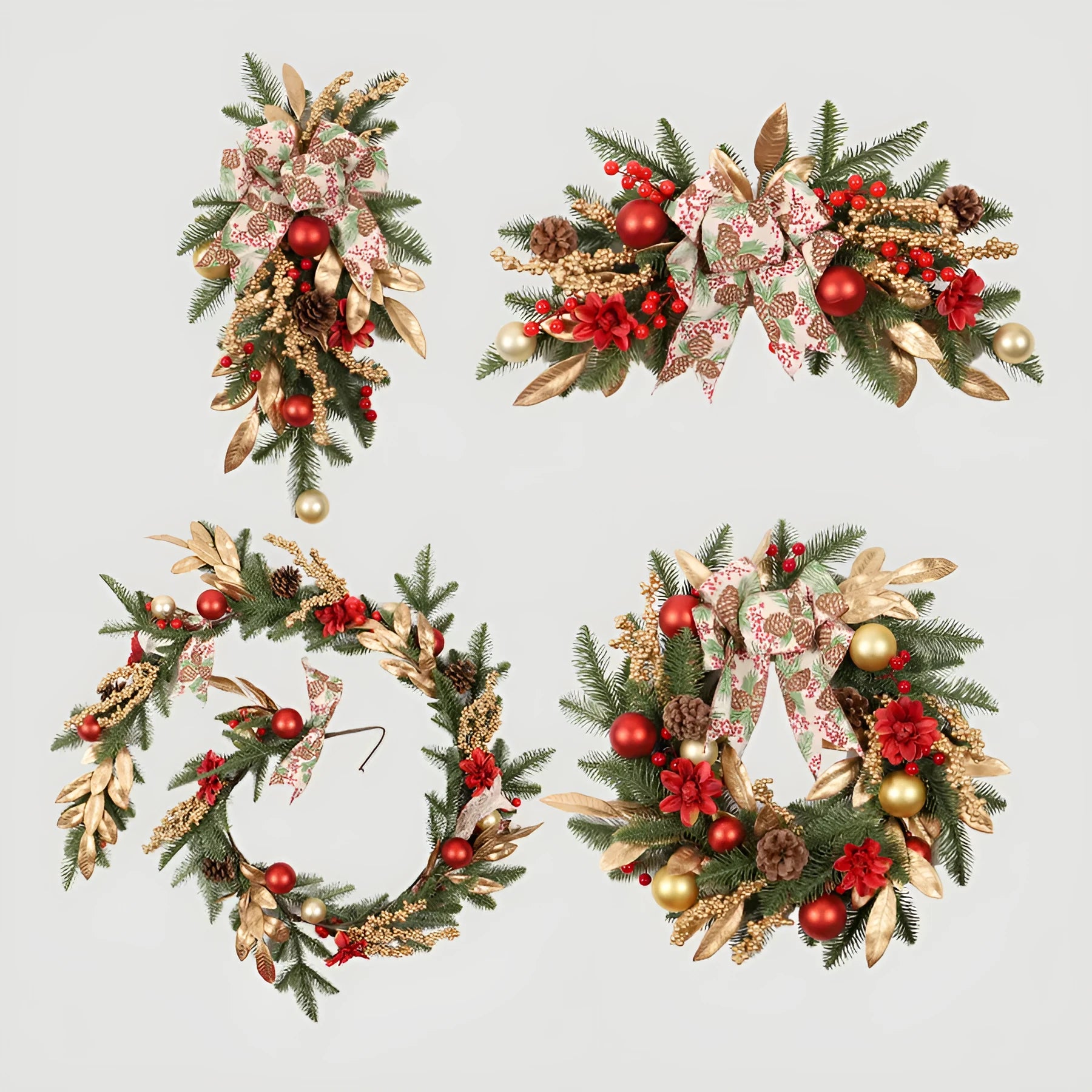 Christmas garland collection showing four plastic decorative designs with optional battery-powered lighting
