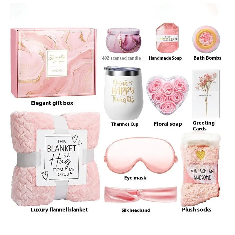 Modern simplicity style aromatherapy gift set in a white plastic box with candle, soap, and bath products.
