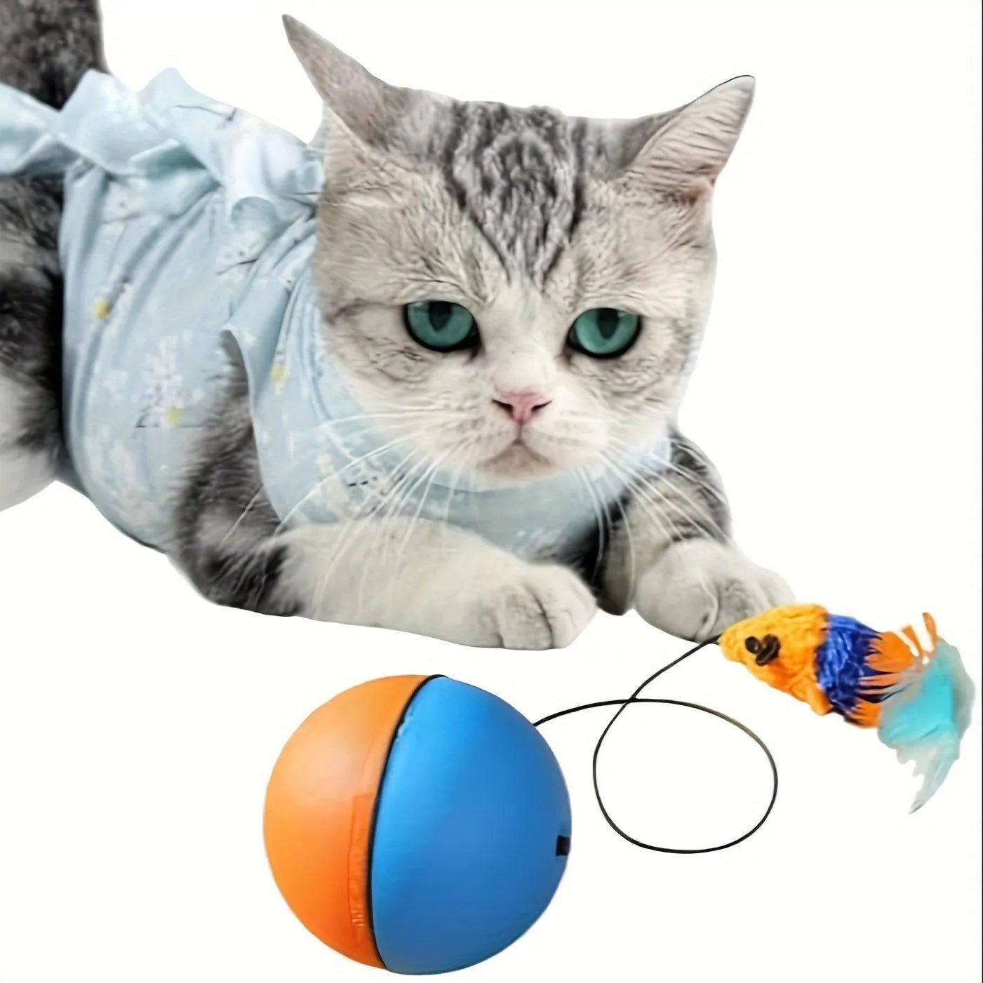 Interactive blue and orange cat toy ball with plush mouse attachment for feline exercise