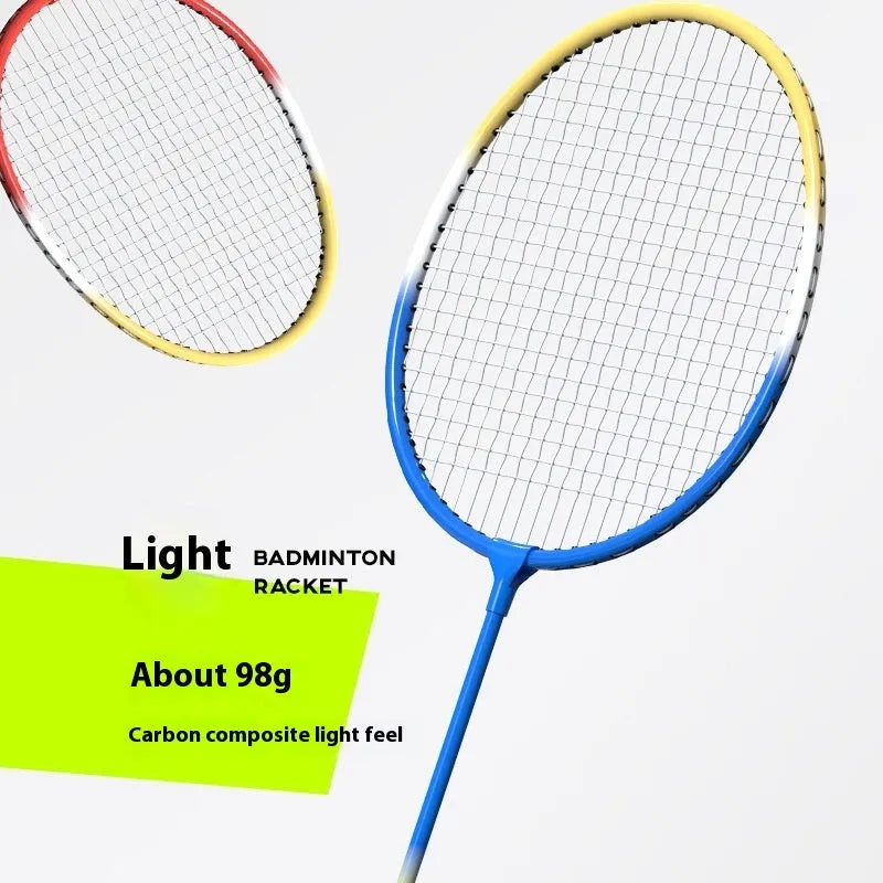 Blue and red alloy ultra-light split badminton rackets arranged as a complete pair set