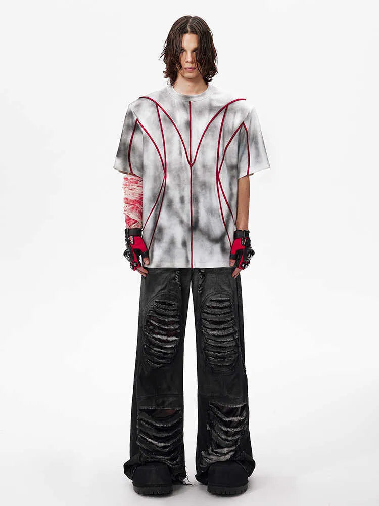 Women's short sleeve T-shirt with padded shoulders and textured 3D line patchwork detail on a round neck top.