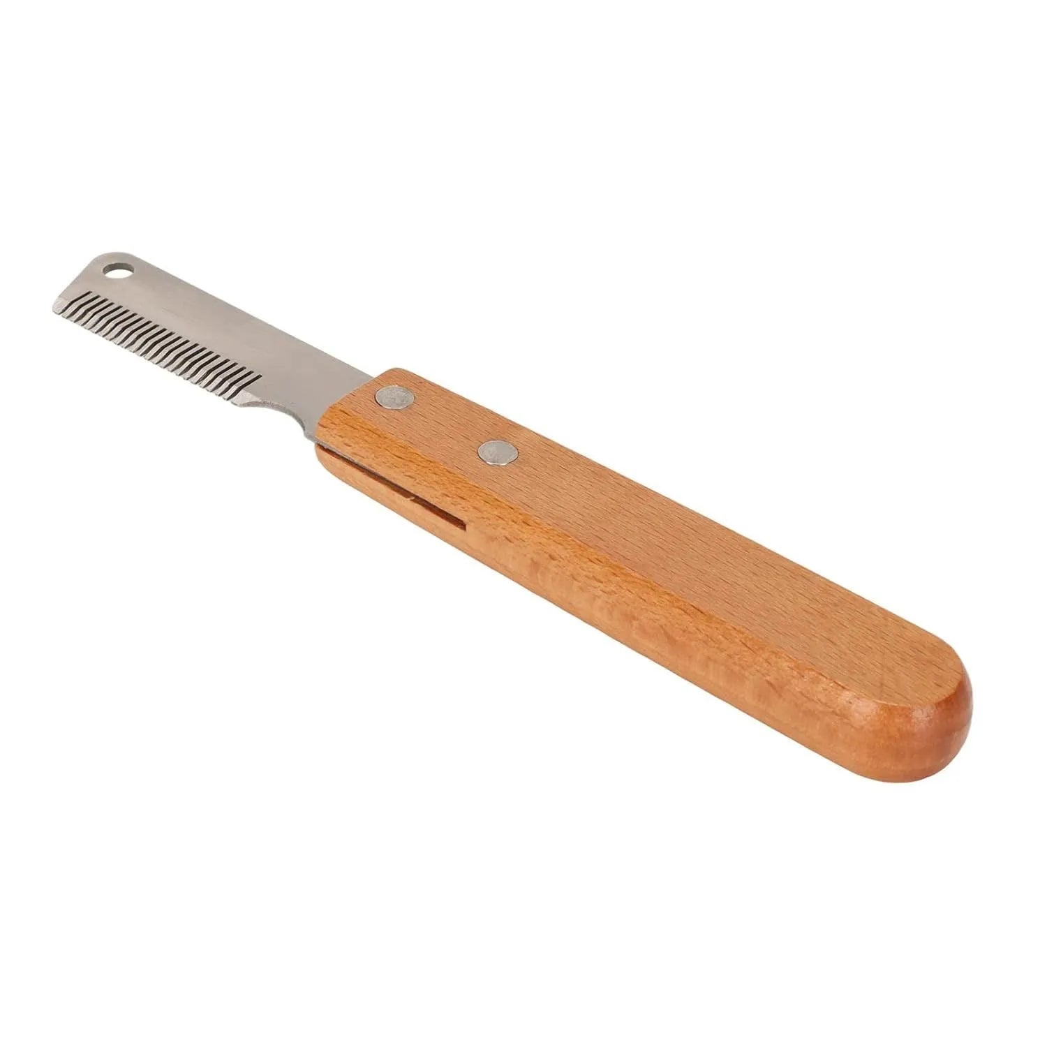 Dog stripping knife grooming tool with wood handle and metal fittings