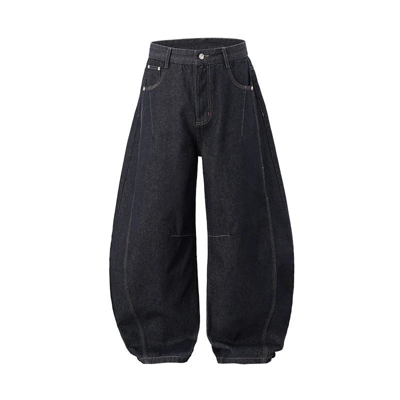 Men's wide leg denim trousers in original cow colour showing mid-waist design and relaxed fit
