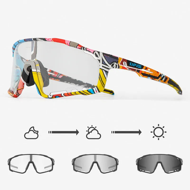 Photochromic cycling sunglasses with a semi-rimless TR90 frame in one of fourteen colour options.