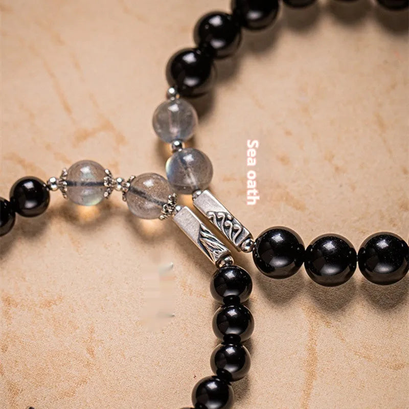 Obsidian Buddha beads DIY couple bracelet kit with 8mm and 10mm beads and thread.