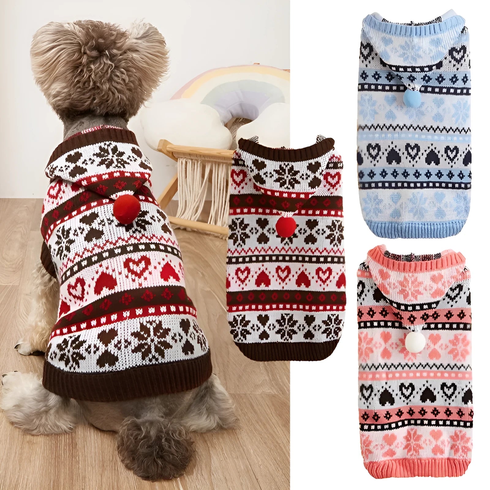 Pink, blue, and grey striped camouflage dog sweater with snowflake and love motifs for small breeds.