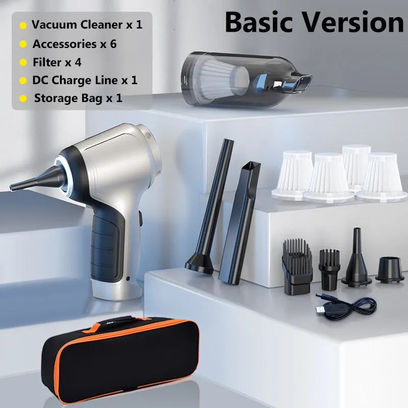 A handheld cordless vacuum cleaner with a car mount, shown on a car seat.