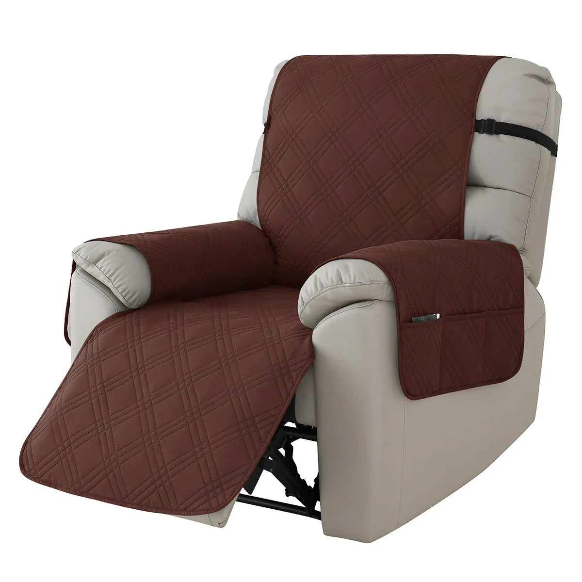 Quilted waterproof sofa cover in burgundy on a Chivas massage chair, showing three-line stitching and fitted design.