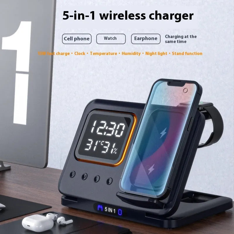 Black and white wireless charging station with phone, watch, and headphones on dock, showing LED time and temperature display.