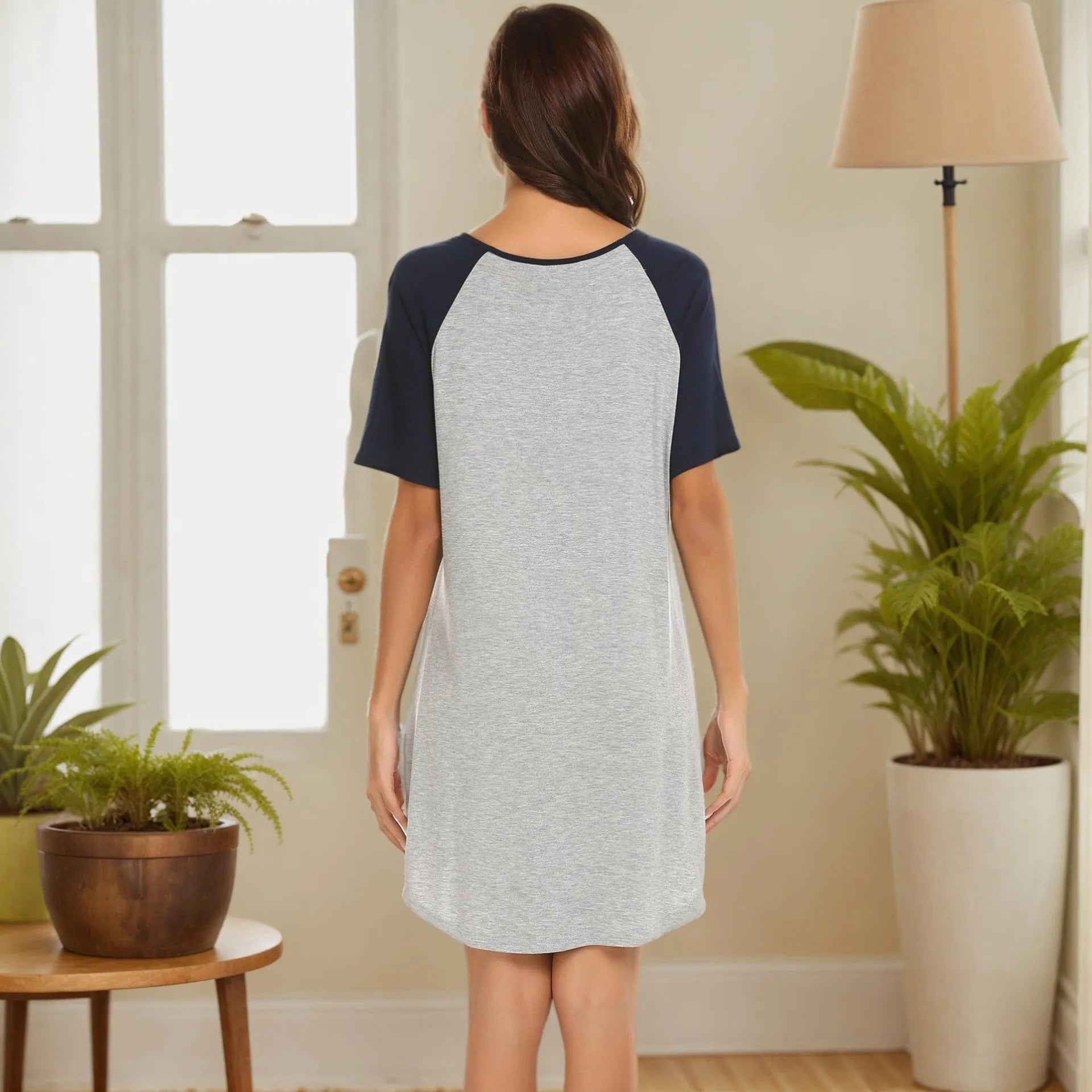 Women's colour contrast patchwork nightdress in double brushed polyester spandex fabric