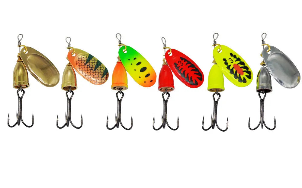 Composite fishing lure with rotating sequins and copper bell in multiple colour options