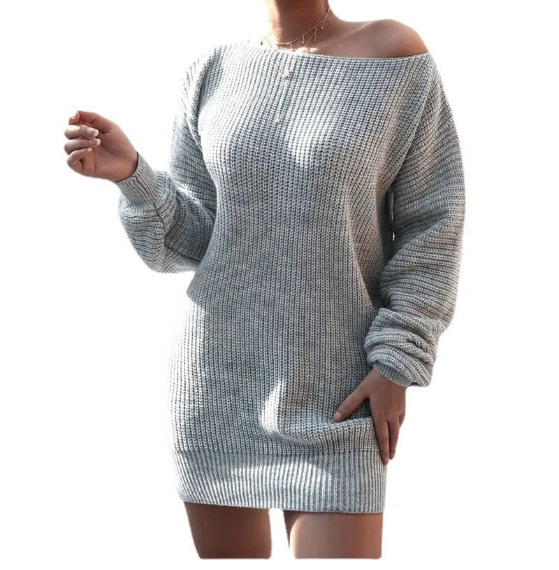 Women's off-shoulder knitted dress with lantern sleeves in solid colour