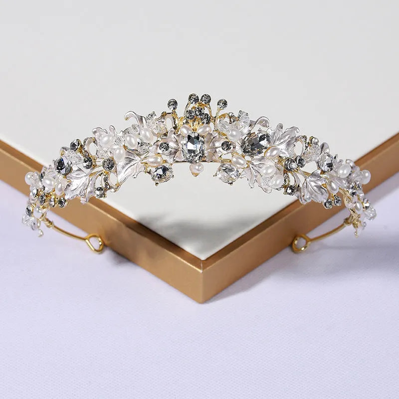 Pearl crown headdress hair accessory for women with electroplated gold finish and European-American style design