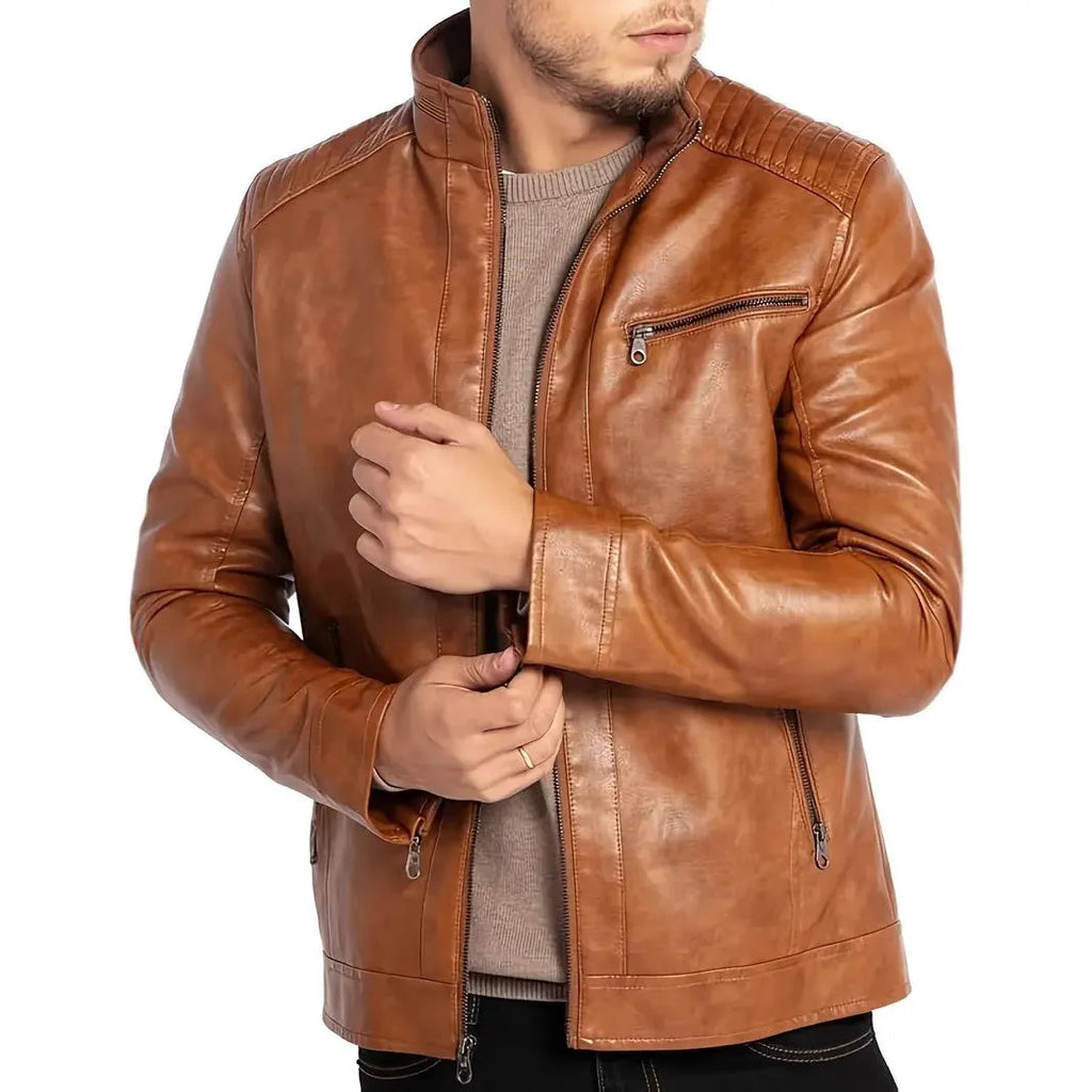 Men's brown artificial leather punk motorcycle jacket with stand collar and patch pockets.