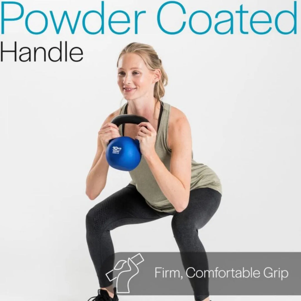 Blue solid cast iron teapot dumbbell on a grey background showing handle and 10kg weight.