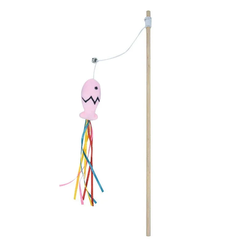 Wooden handle cat wand toy with catnip fish, colourful ribbons and bell attachment