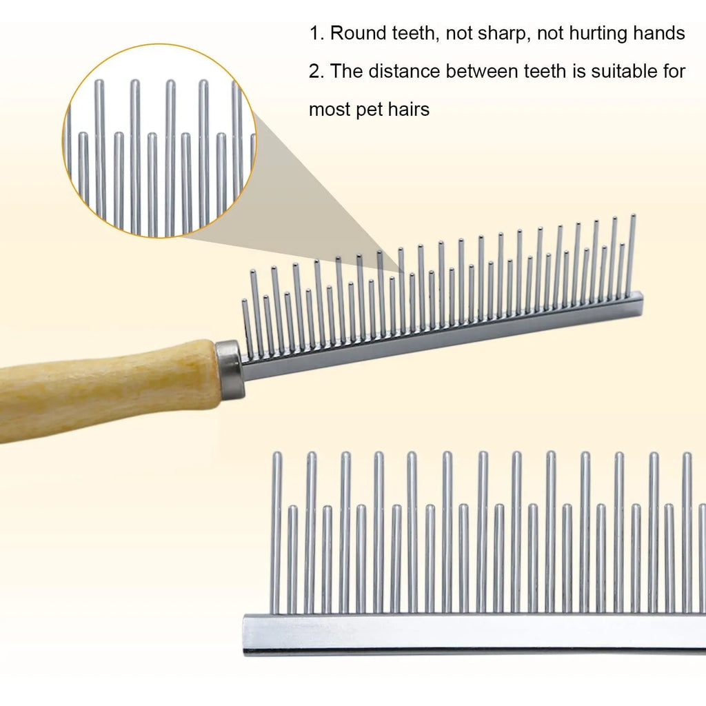 Wooden handle pet grooming comb for dogs and cats on a table.