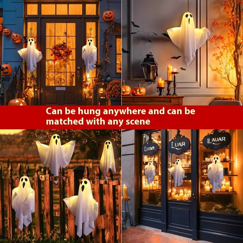White and orange cloth ghost scream LED Halloween light ornament with 4.5V battery compartment.