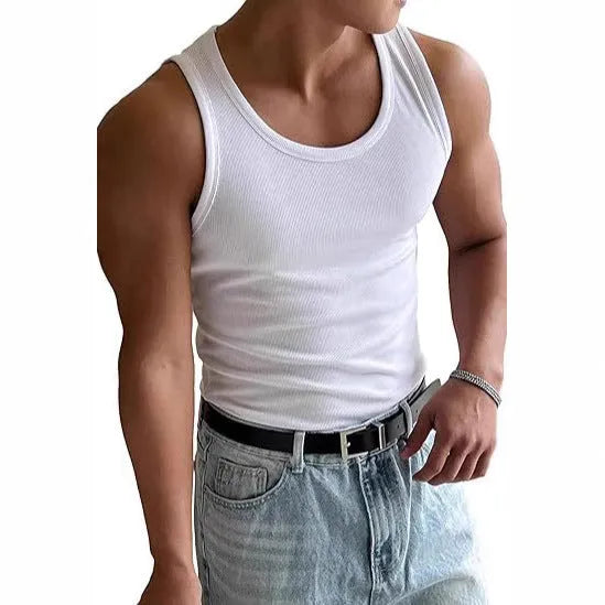 Men's tight fit round neck sports t-shirt in black, shown on a model for summer workouts.
