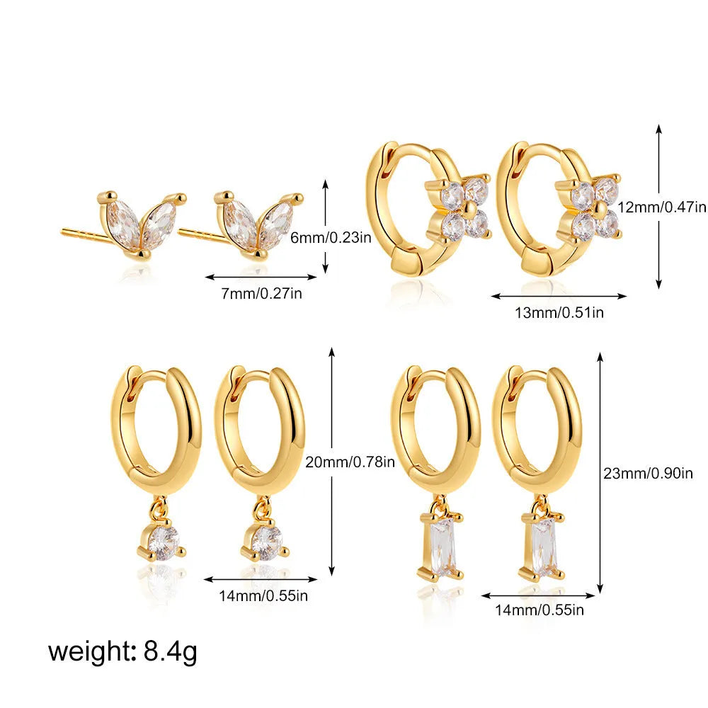 Four geometric copper earrings with zircon stones in gold or silver electroplated finish