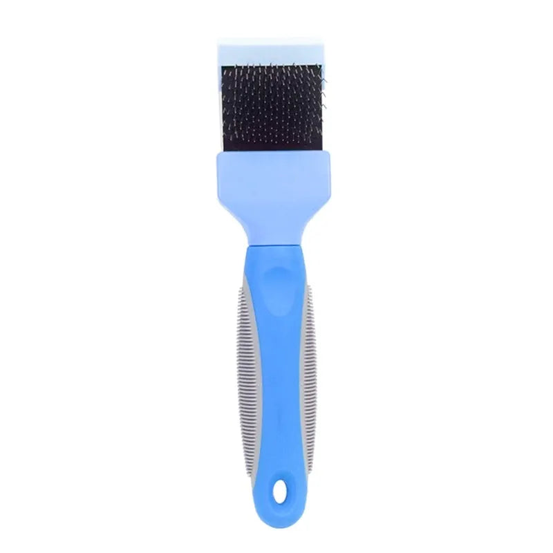 Blue double-sided pet brush showing stainless steel pins on one side and firm bristles on the other.