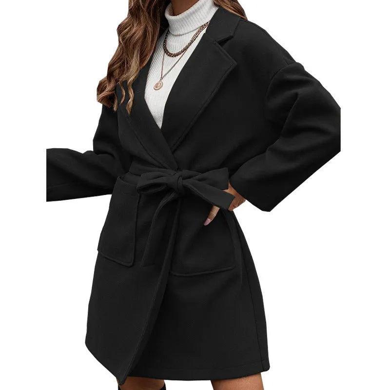 Minimalist long sleeve lapel button split belt coat in thick polyester fabric