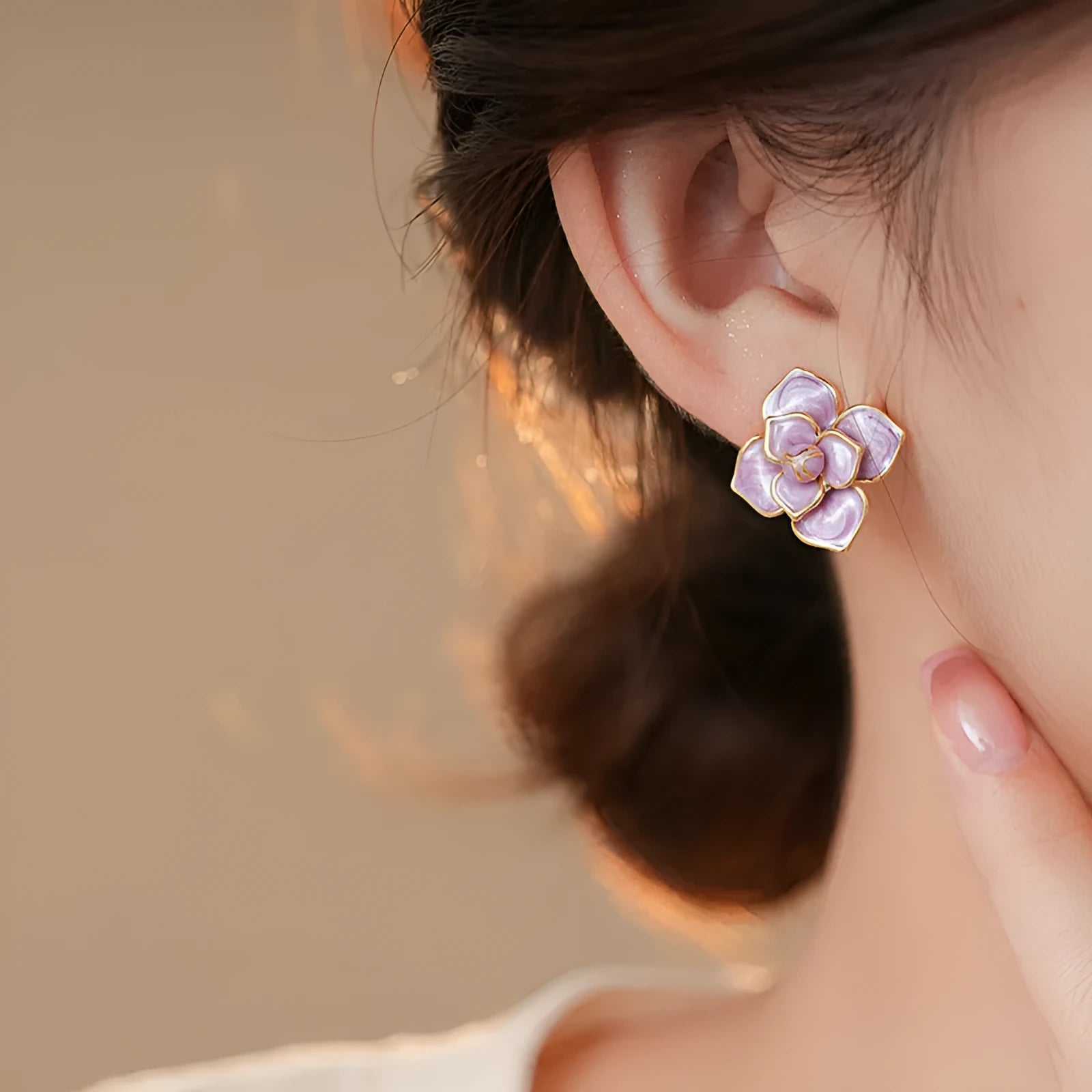 Gold plated purple oil-spot glaze flower stud earrings on copper with fresh style design