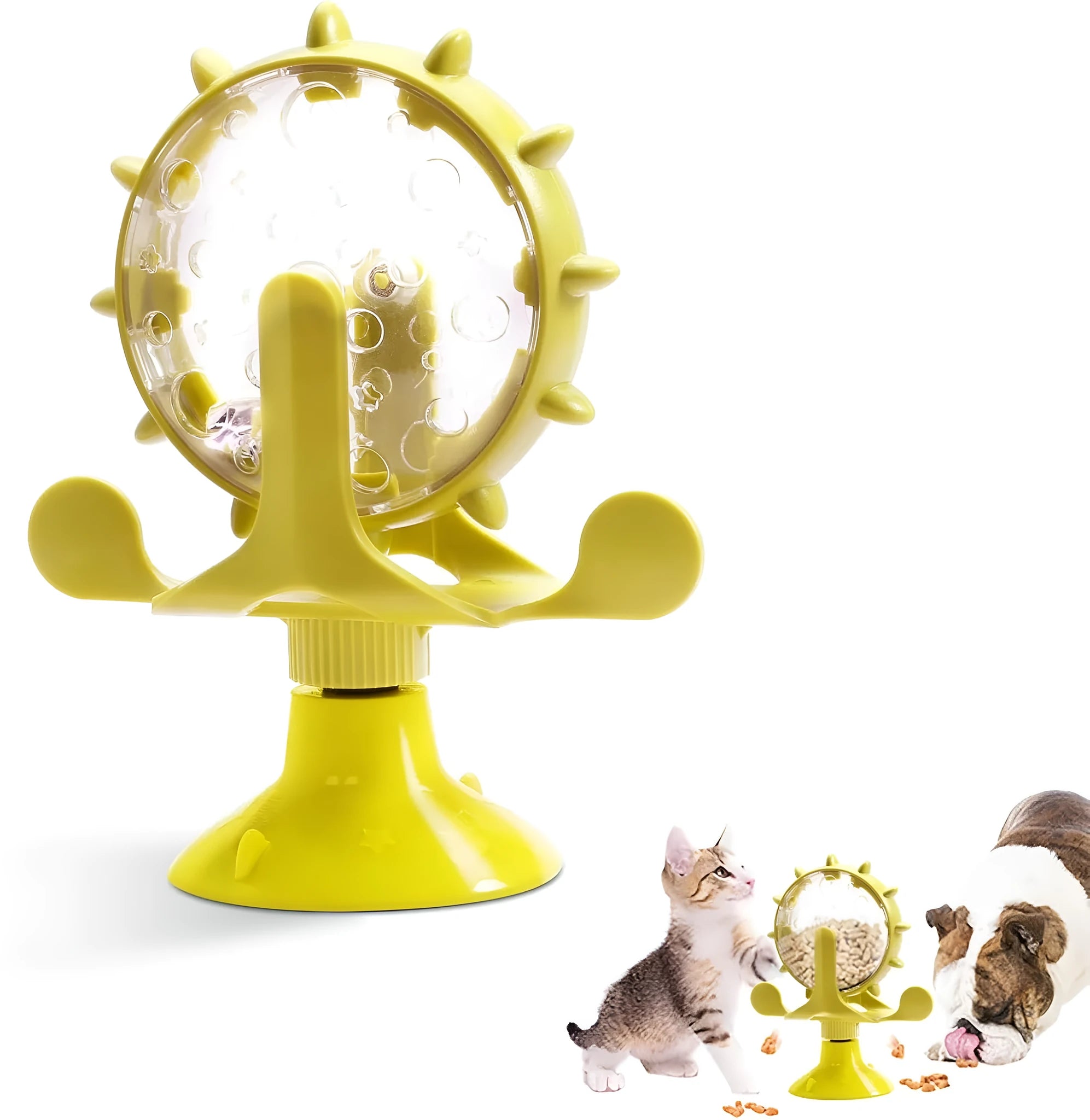 Blue interactive pet puzzle feeder toy with rotating spinner and sucker base for cats and dogs
