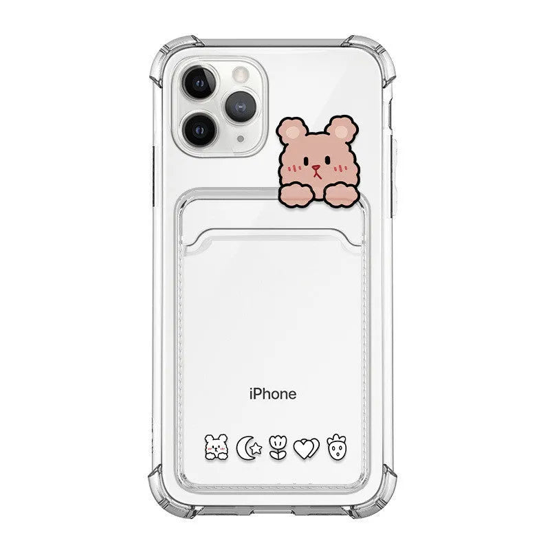 Transparent cartoon-painted iPhone case with built-in card holder slot in TPU material