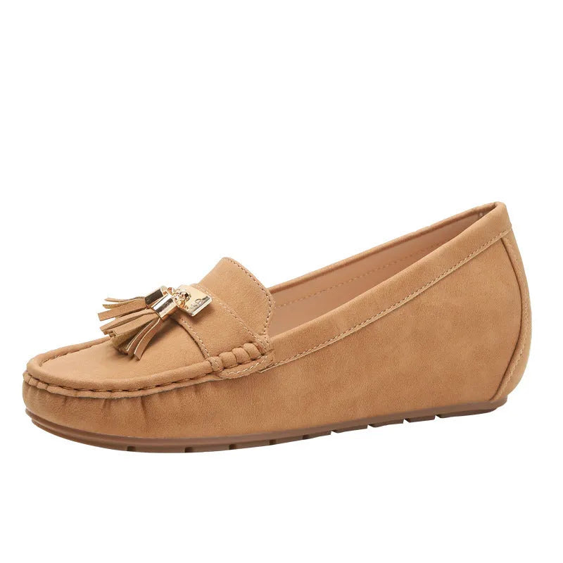 Nude casual work shoes with a mid heel, round toe, available in black, brown, blue, and milky white.