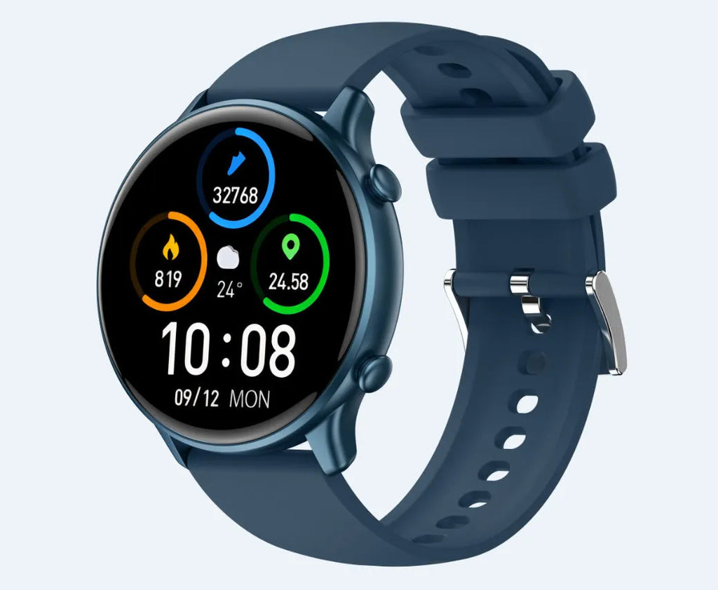 Round smart sports watch with touch screen showing heart rate monitoring display
