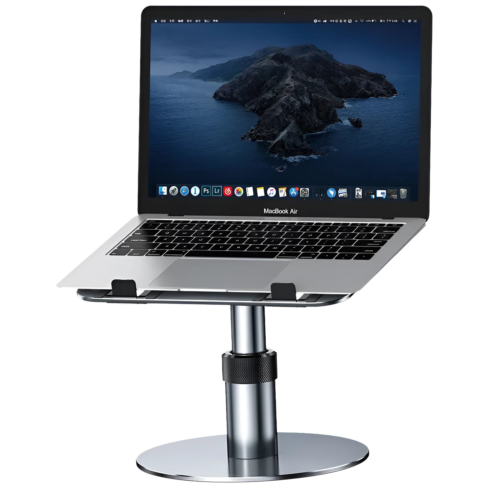 Silver adjustable aluminium laptop stand with rotating base on a desk.