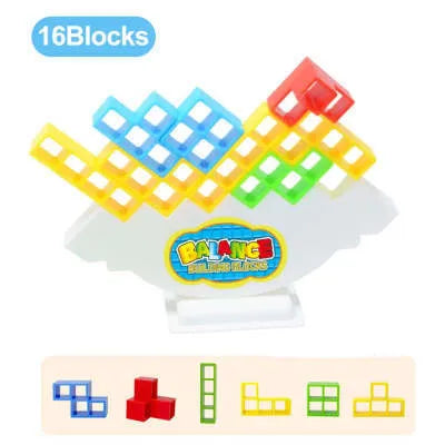 Plastic balance stacking game with 16 coloured building blocks on chassis